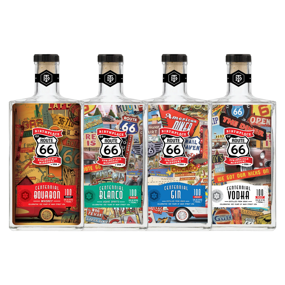Route 66 Centennial 4-Pack: Centennial Bourbon, Blanco, Gin and Vodka, 750ml each