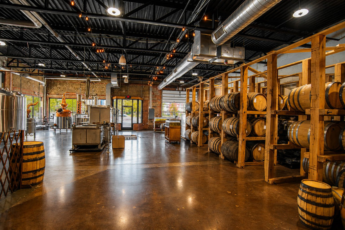Inside Ty Iechyd Da Distillery, stills and barrel racks